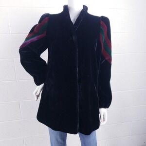 Vintage 80s Sasson Borgazia Women's Coat Faux‎ Fur Black Deep Pile Black Size 8
